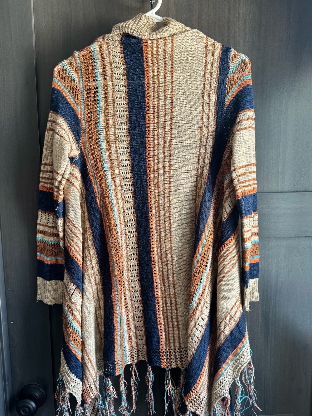 Open-Front Fringe Knit Cardigan Sweater - Beige, Navy, Light Blue & Rust - Picture 5 of 5